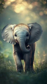 Sunlit baby elephant strolling through a soft forest glow.