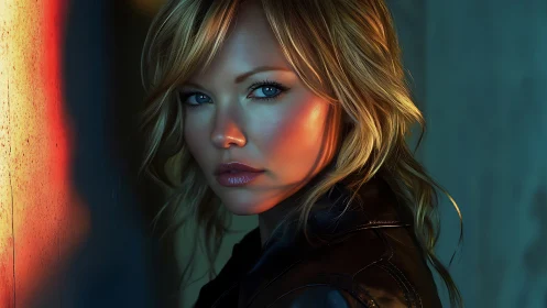 Warm city lights on a thoughtful woman in leather jacket.