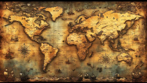 Weathered fantasy world map with ornate nautical detail.