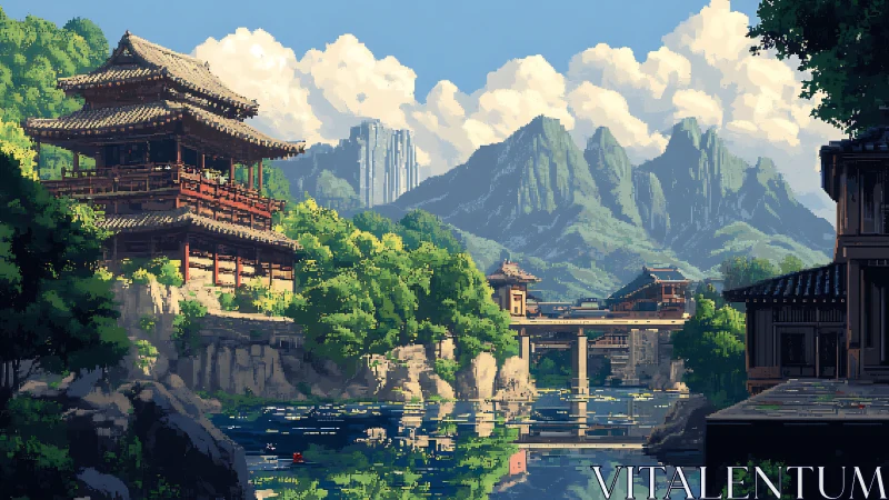 Serene pixelated mountain temple overlooks reflective river valley.