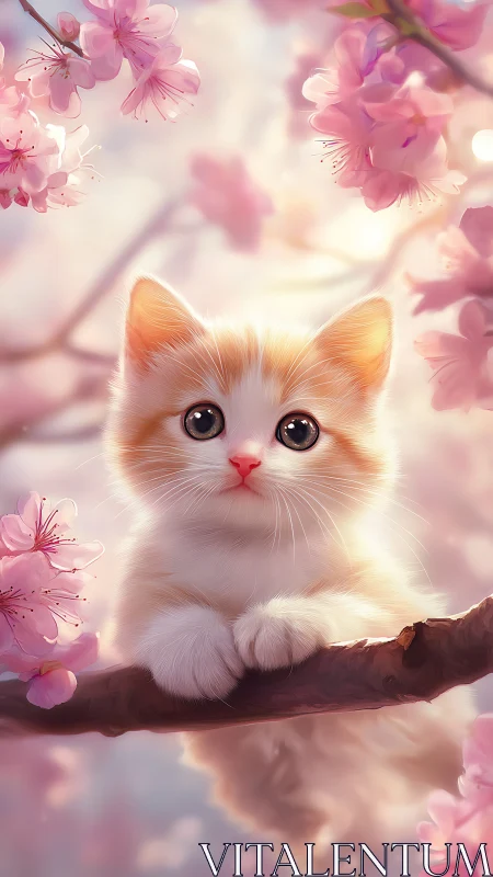 White Kitten Among Pink Blossoms. Digital Portrait.