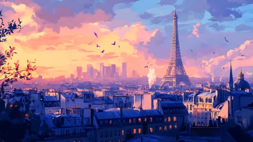 Sunset digital painting of Paris skyline with Eiffel Tower.