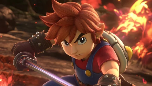 Fiery young swordsman charging through blazing battlefield.