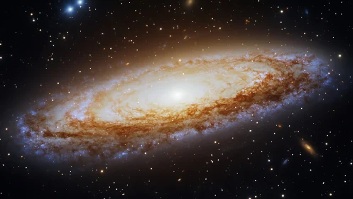 Spiral galaxy in warm starfield with glowing central core.