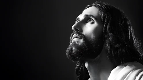 High-contrast monochrome portrait with upward gaze and rim lighting