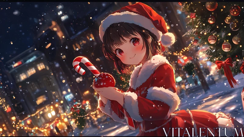 Girl in red Santa outfit holds candy cane in snowy street