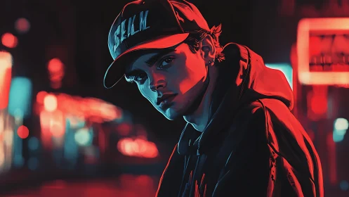 Neon-lit urban portrait in stylized digital chiaroscuro rendering.