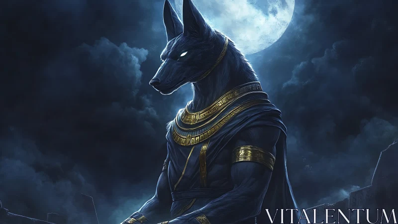 Anthropomorphic jackal deity rendered under a luminous full moon