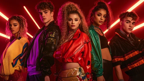 Neon-lit youth crew striking bold poses in retro streetwear.
