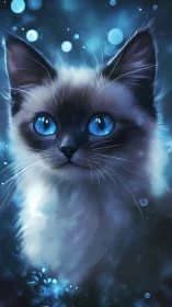 Siamese cat with vivid blue eyes in ethereal blue light