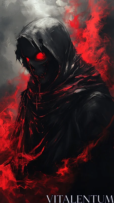 Hooded skeletal reaper with red flames and glowing eyes.