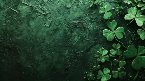 Green shamrock leaves lie on textured dark green surface
