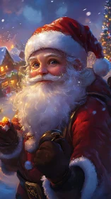 Snowlit Santa stroll under cozy Christmas village glow.