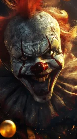Photorealistic horror clown portrait with dramatic lighting.