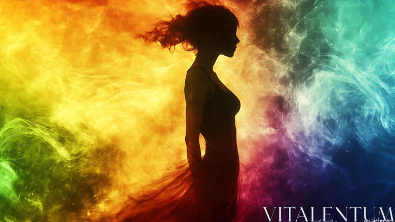 Silhouette muse drifting through swirling prismatic nebulae.