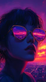 Neon sunset reflections in dreamy city-view sunglasses.