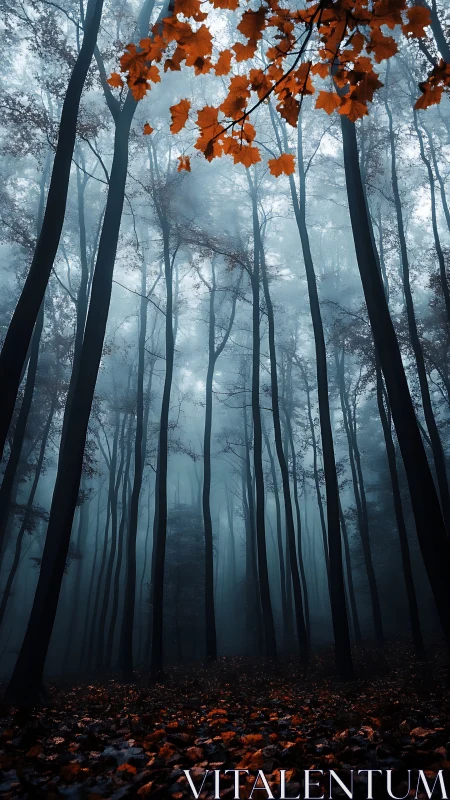 Misty Forest with Autumn Foliage and Tall Conifers