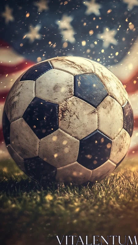Weathered soccer ball on grass before defocused US flag background