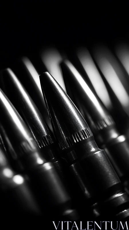 Monochrome close-up view of aligned rifle cartridges.