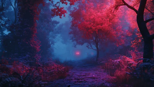 Neon haunted forest path with glowing red eyes ahead.