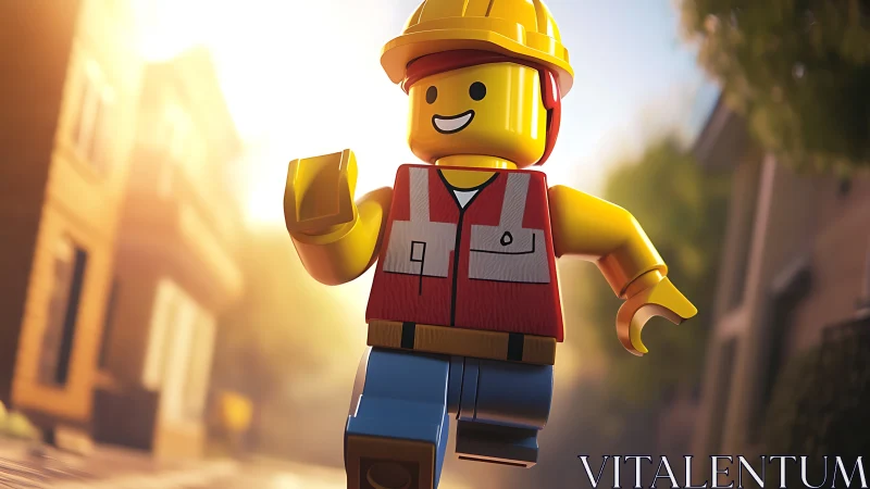 Construction toy figure moves through sunlit suburban street