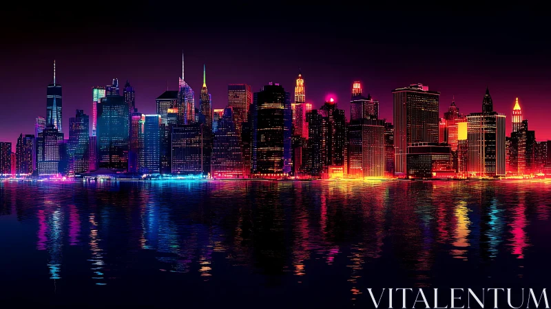 Neon-drenched waterfront skyline with reflective night city lights.