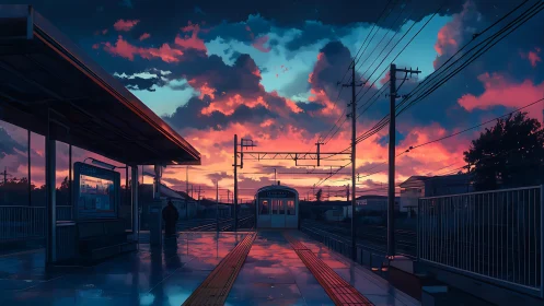 Twilight train platform under vivid neon-streaked clouds.