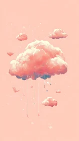 Soft pink clouds with dripping raindrops on pastel sky.