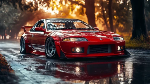 Widebody red Mitsubishi coupe on wet road with stance-tuned aero