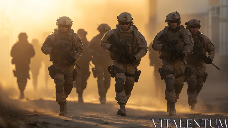 Soldiers stride through golden dust in steady formation.