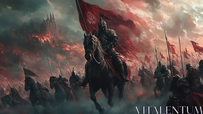 Epic red cavalry charge before burning gothic citadel digital painting.