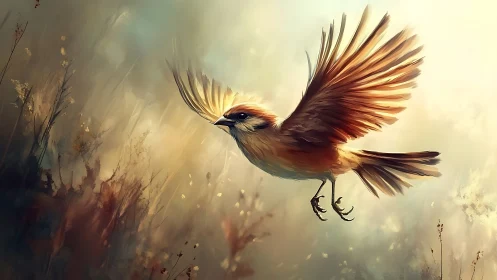 Songbird soars through diffused golden meadow light