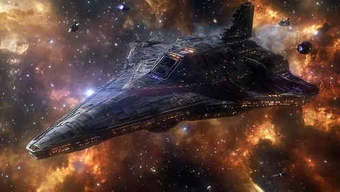 3D star destroyer warship in cinematic deep-space battle field.