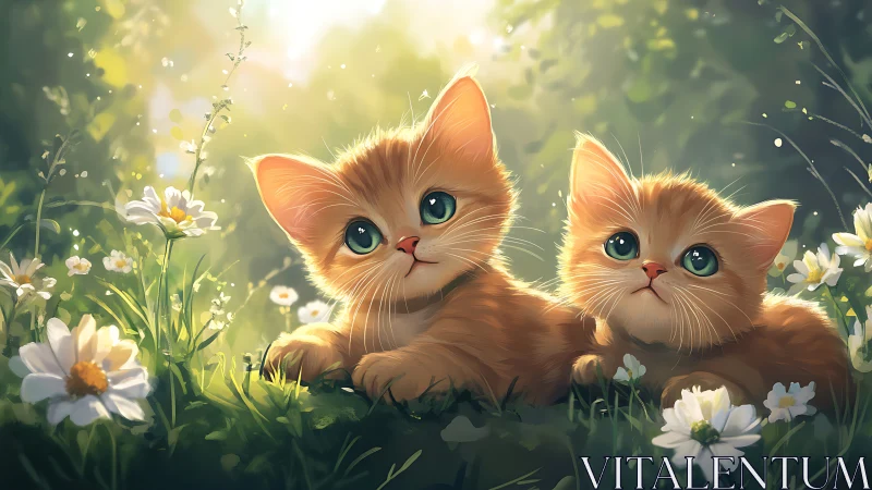 Twin Ginger Kittens in Sunlit Wildflower Meadow.