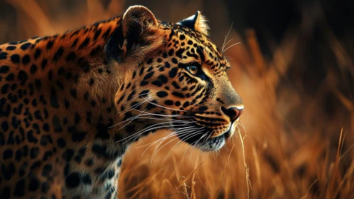 Leopard's Golden Hour Gaze Amid Savanna Brush.