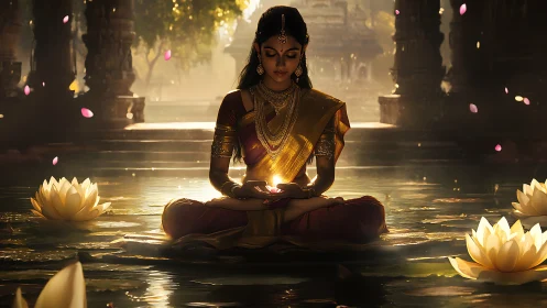 Woman in lotus pose holds light within reflective water pool