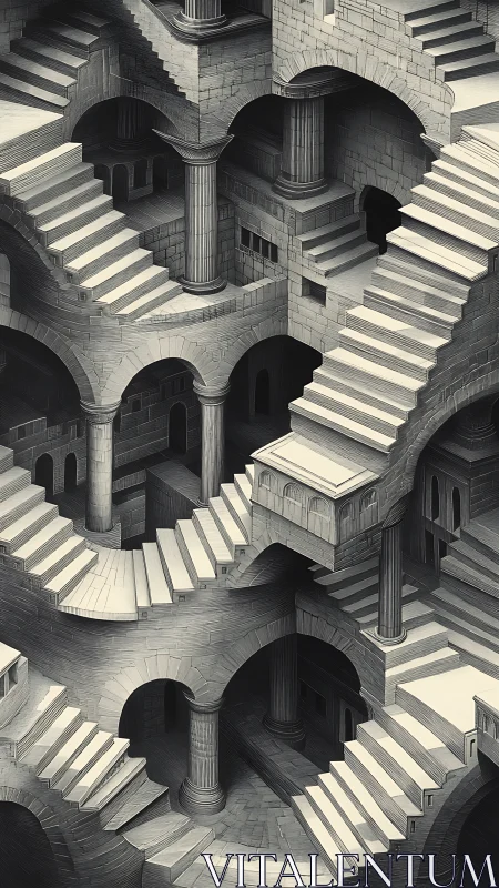 Monochrome recursive staircase labyrinth with classical arches