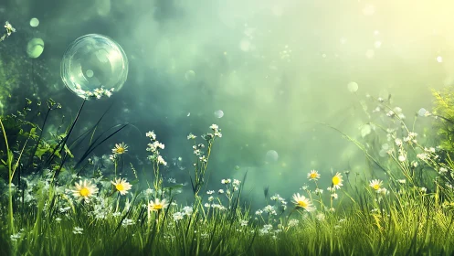 Morning meadow with daisies, grasses, and clear bubble sphere.