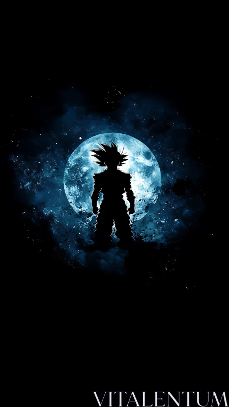 Silhouetted warrior stands before bright blue full moon.