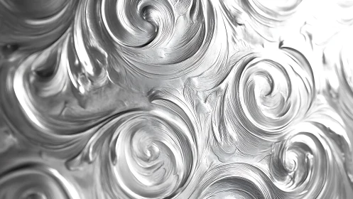 Silver storm of sculpted swirls glides across the canvas