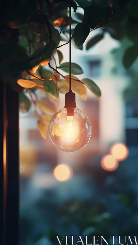 Warm hanging bulb among green leaves near window at dusk.