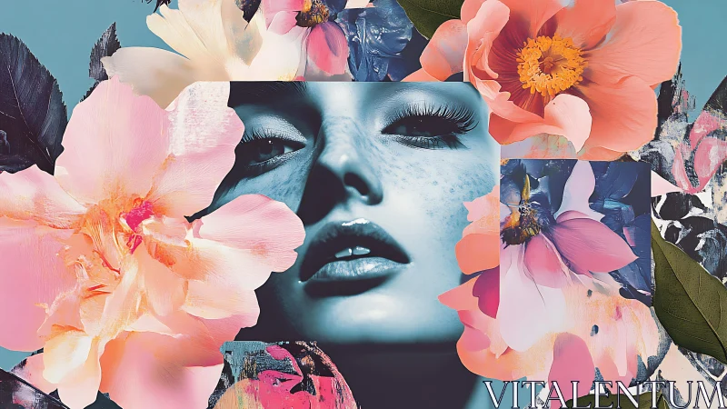 Chromatic facial collage with macro florals and tonal contrasts.