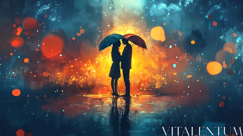 Umbrella Romance Ablaze: Silhouettes Dancing in Golden Storm.