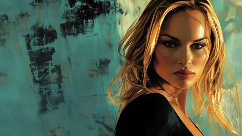 Digital portrait of woman against textured teal background.