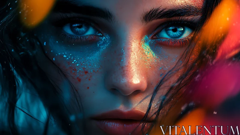 Intense blue-eyed portrait glows with neon cosmic splashes