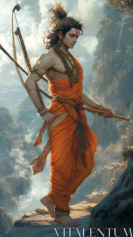 Divine archer in saffron robes above misty river valley.
