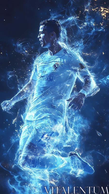 Electrified footballer ignites pitch in blue cosmic energy