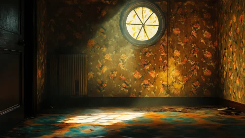 Circular window casts haunting light in a decayed room.