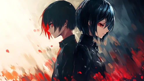 Dual anime silhouettes in red light and shadow contrast.