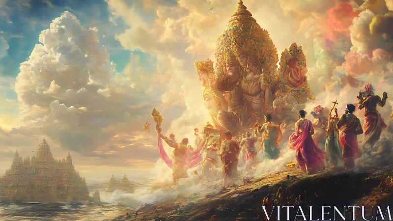 Colossal multi-headed deity ascends above processional devotees